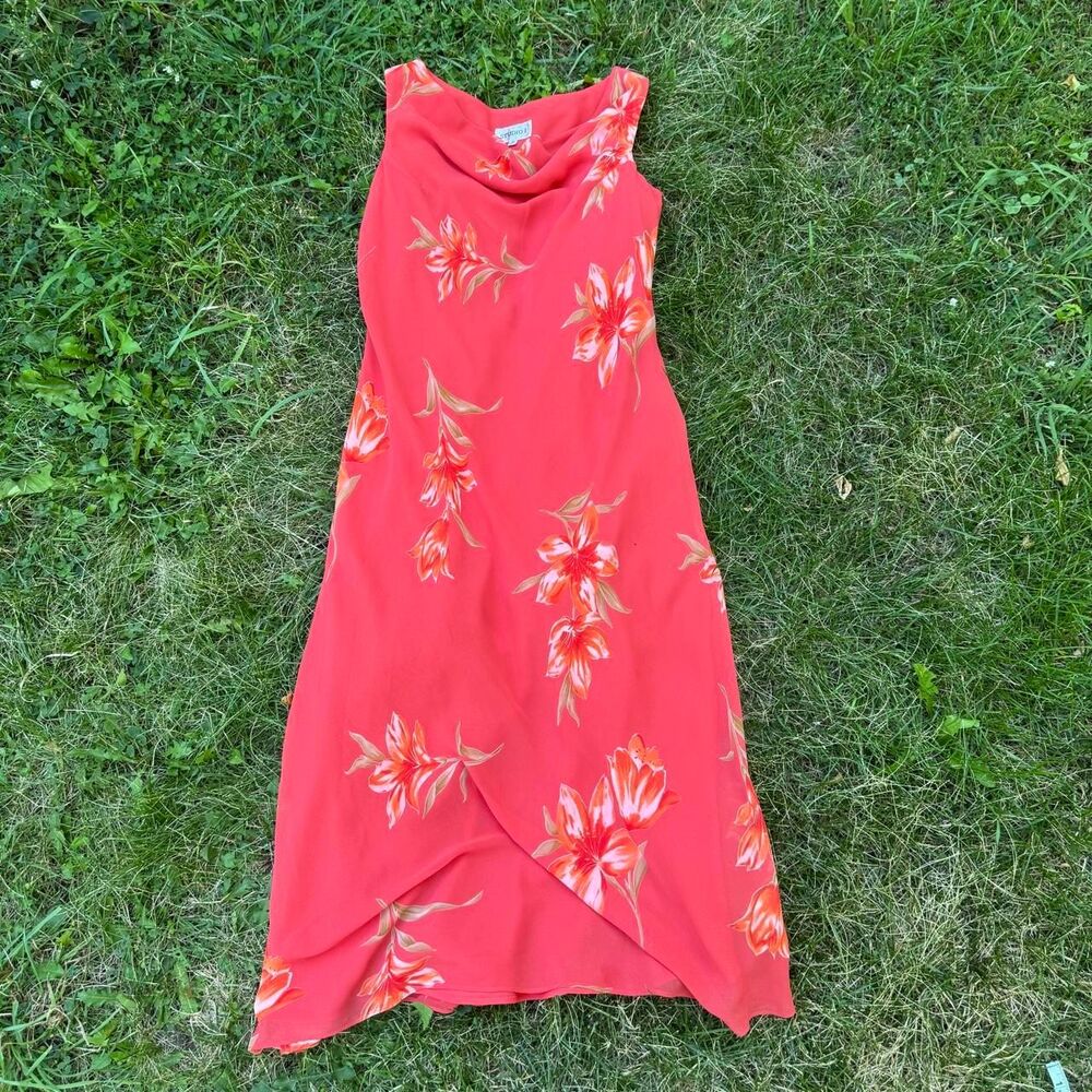 Studio I 90s Vintage Drape Front Floral Print Pink Special Occassion Maxi Dress